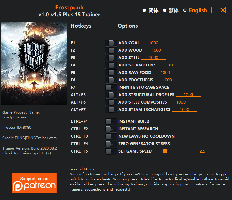 冰汽时代1风灵月影修改器 - Frostpunk Trainer