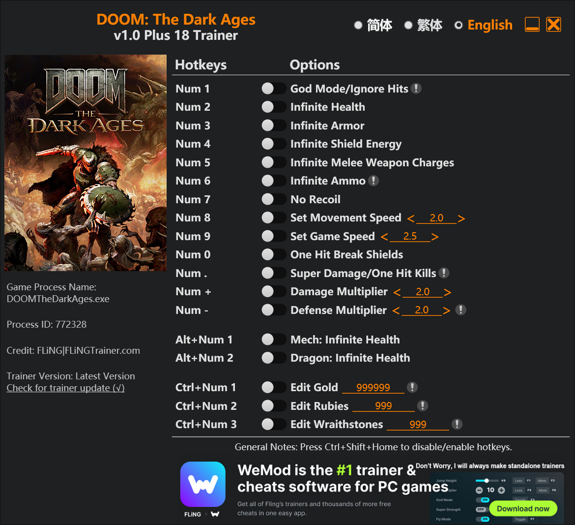 毁灭战士:黑暗时代风灵月影修改器 - DOOM:The Dark Ages trainer