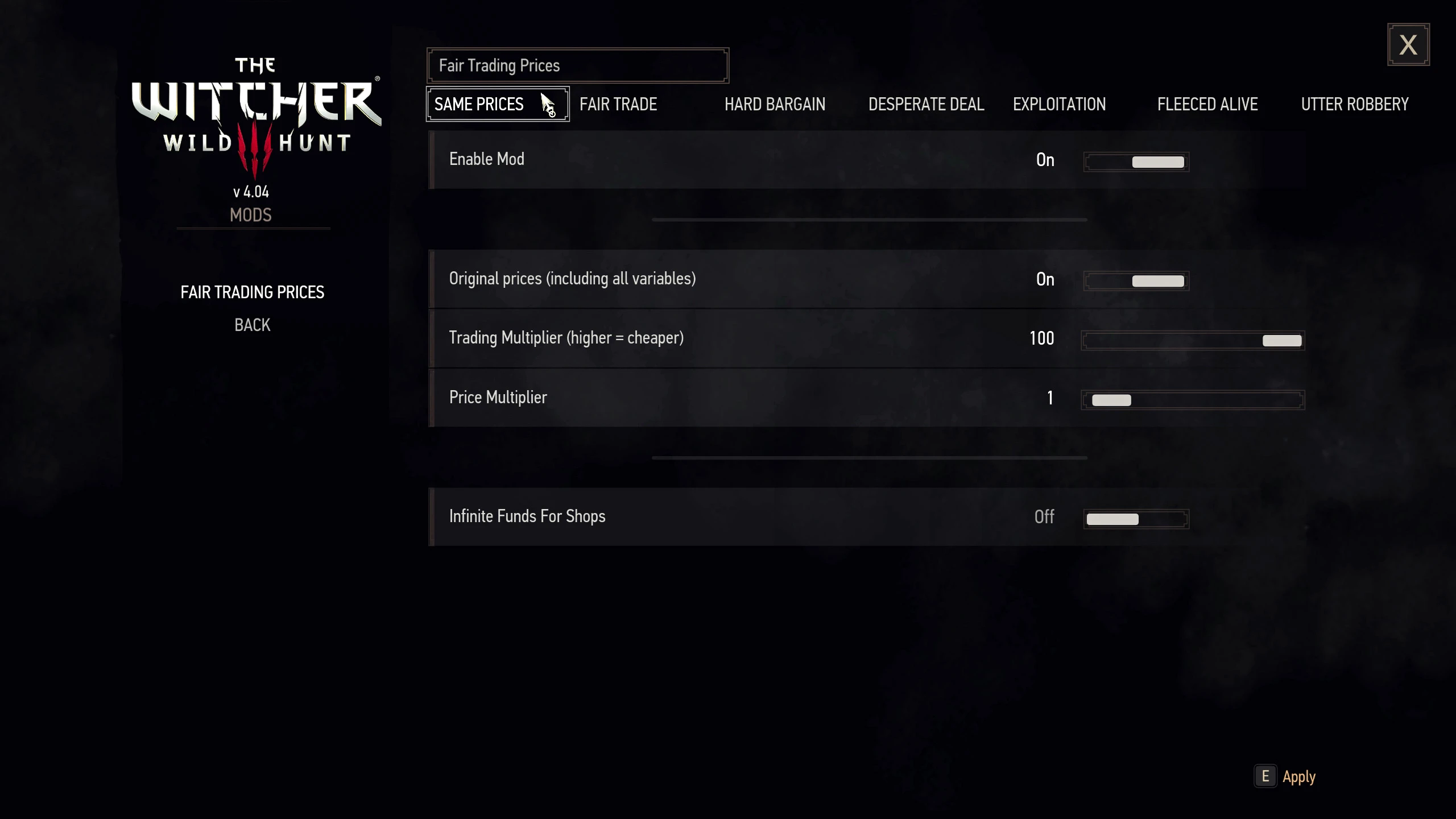 巫师3经济平衡交易价格配置工具 - Fair Trading Prices v1.0.1